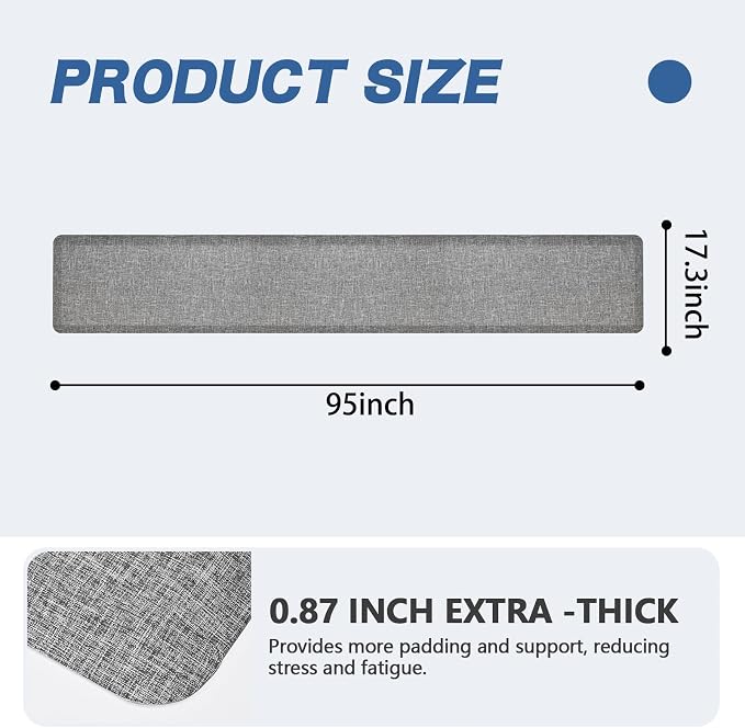 Anti Slip 7/8 inchs Anti Fatigue Kitchen Floor Mat, Ergonomic Comfort Standing Mat, Waterproof Kitchen Runner for Home, Kitchen, Office, Laundry, Garage (Light Gray, 17.3" x 95" -0.87")