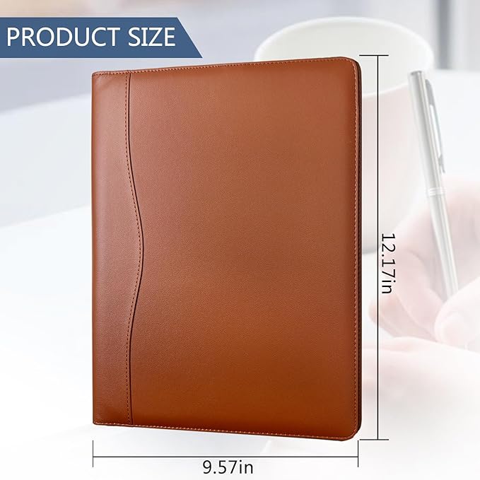 Padfolio Portfolio Folder Portfolio Organizer for A4 Size Pad - Faux Leather Folder with Storage Pocket, Card Holders & Pen Loop for Business Meeting, Office, Student (Brown)