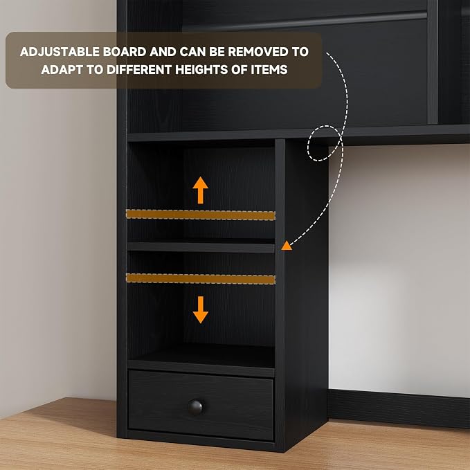 knoworld Desktop Bookshelf for 27" Monitor, Space-Saving Engineered Wood Desk Hutch Organizer with Adjustable Shelves & Drawer, Clutter-Free Tabletop Bookcase for Dorm & Home Office, Black