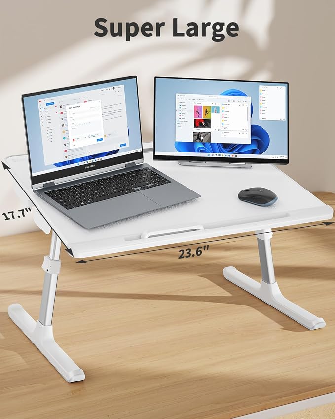Laptop Bed Tray Table, SAIJI Adjustable Bed Desk for Laptop, Foldable Laptop Stand with Storage Drawer for Eating, Working, Writing, Gaming, Drawing (White, X-Large)