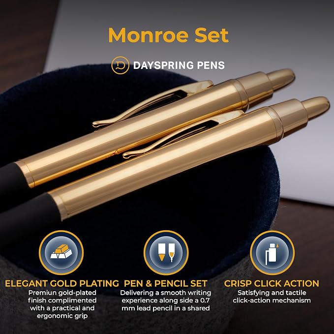 Dayspring Pens Monroe 18K Gold Ballpoint and Pencil Set, Non-Engraved, Parker G2 Compatible, Rubber Grip, Documental Black Ink, Gift for Graduation, Career Advancement, Birthdays