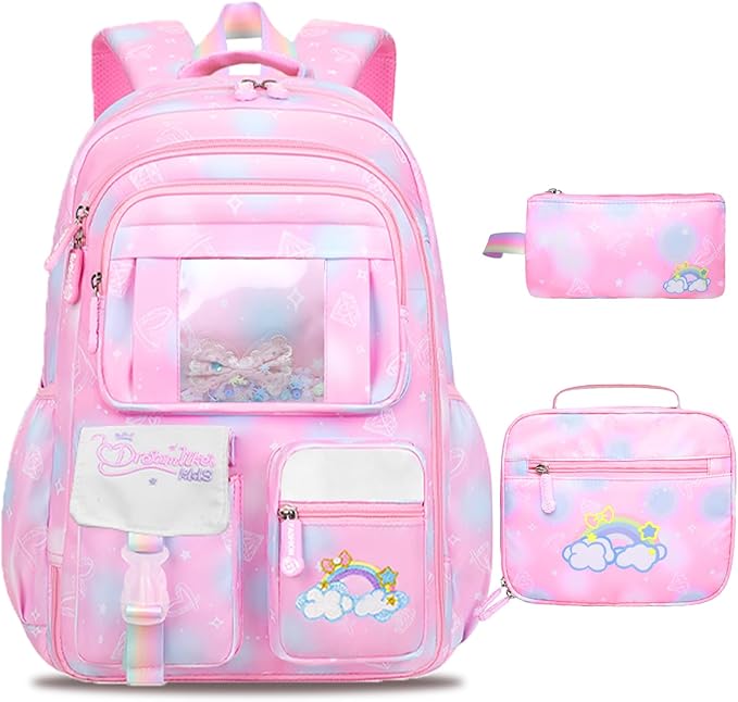 3PCS SET kids backpacks for girls, bookbag for girls backpack with lunch box Pencil Pouch Set back to school supplies for Kid, School backpack for girl Elementary School Student(PINK)