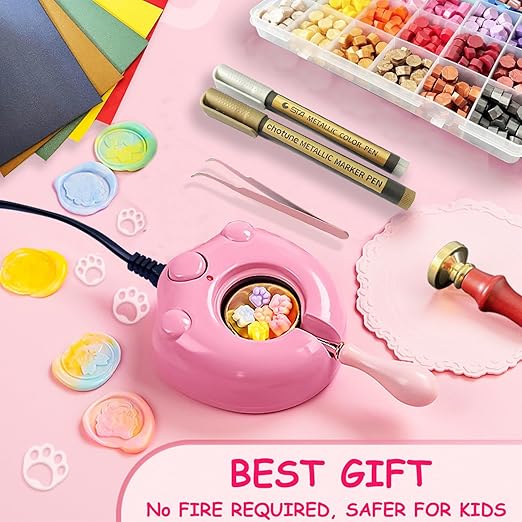 MONVICT 732 Pcs Wax Seal Stamp Kit with Pink Gift Box, Electric Wax Seal Warmer, Sealing Beads, Stamp, Spoon, Pens, Envelopes, Tweezers Gift for Kids Girls Crafter DIY