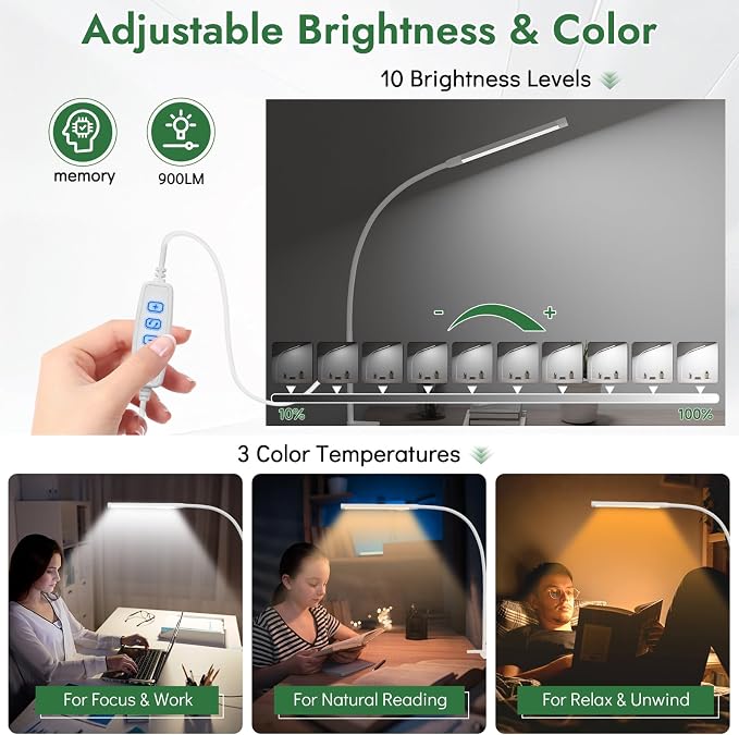 Clamp Lamp for Desk, Eye-Caring LED Clip Light (White) | 27" Tall Flexible Arm, 3 Color Modes 10 Brightness, USB-Powered with 5V/2A Adapter