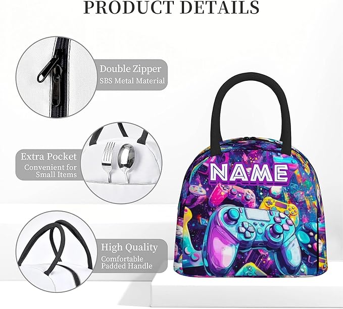Personalized Gamer Player Kids Backpack for Boys-Custom School Backpack and Lunch Box Set with Name-Back to School Supplies for Preschool Elementary Kindergarten-Cool Colorful Casual Bookbag Schoolbag