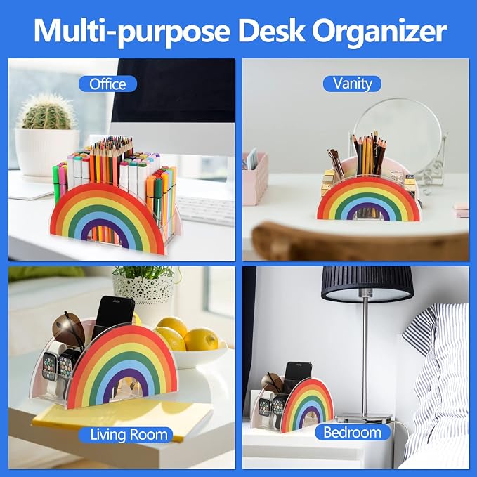 Acrylic Pen Pencil Holder Clear Desk Organizer, Rainbow Home Office Desk Pen Storage Stand, Corner Desktop Stationery Organizer for Women Kids Students School Art Supplies
