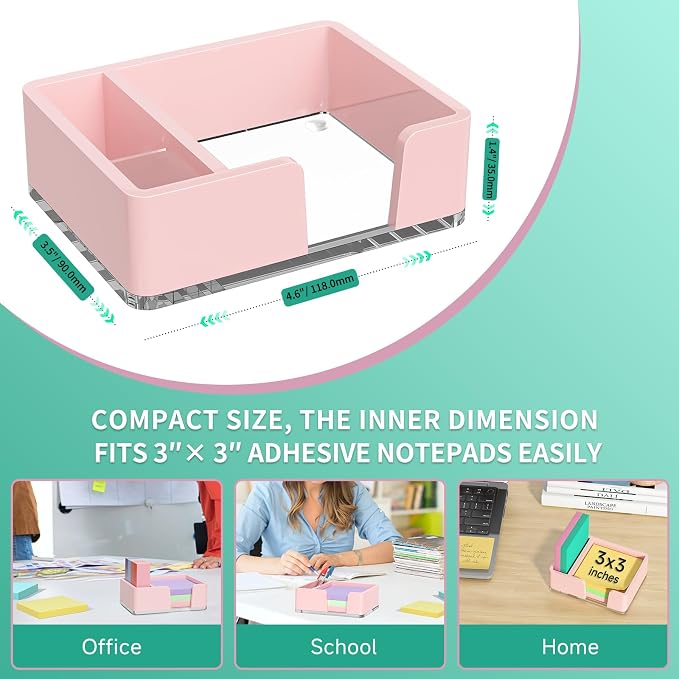 Sticky Note Holder with Pen Slot, Pink Acrylic Notepad Holder 3x3 in Self-Stick Note Dispenser Office Desk Accessories, Memo Pad Holder Organizer for Classroom School Supplies