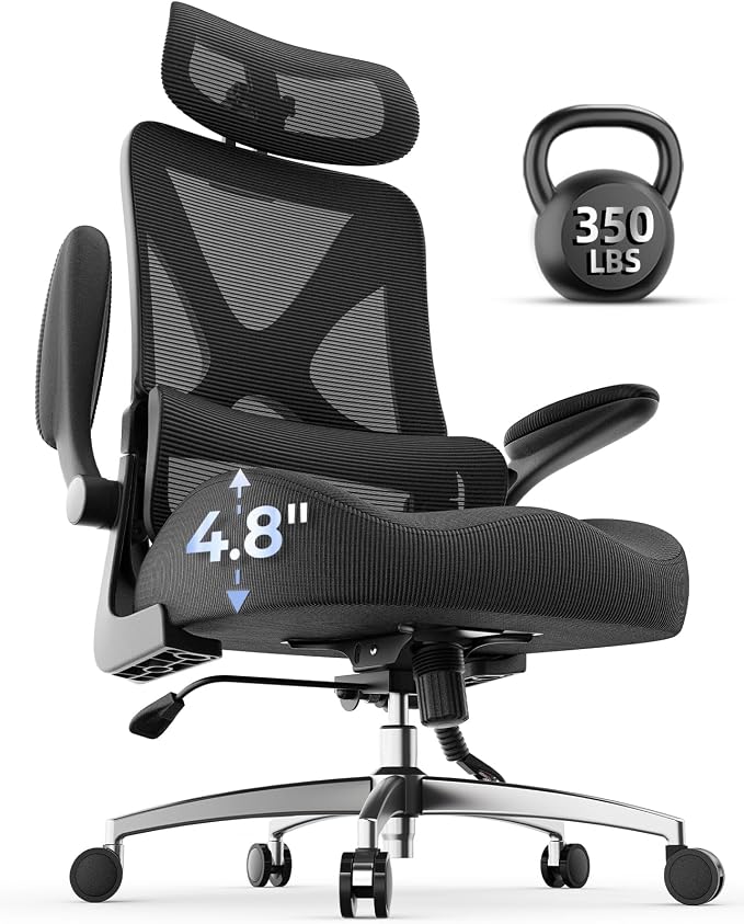 Big and Tall Office Chair, 350lbs Heavy Duty Desk Chair with Extra Wide Memory Foam Seat, 21-24.5 in Adjustable Height, Sacral Lumbar Support, Headrest and Flip-Up Arms for Home Office