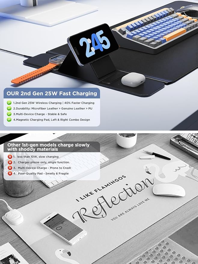 25W Wireless Fast Charging Mouse Pad with Foldable Phone Holder, 2nd Gen 3-in-1 Wireless Charging Desk Mat (Leather Mat-25W Fast Charging Stand & Coasters)