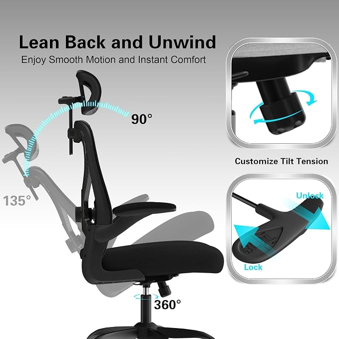 Home Office Desk Chairs, Ergonomic Office Chair with Lumbar Support & 3D Headrest, Computer Desk Chair with Flip-up Armrests, Perfect for Office or Study, Black/Carbon Fiber