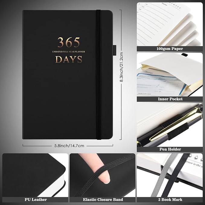 Daily Planner Undated, Planners 2026-2027, 365 Day Planners, Work Planner for Men, Hourly Planner Notebook for Goal Setting, Appointment Agenda, Hardcover, Start Anytime, A5, Black