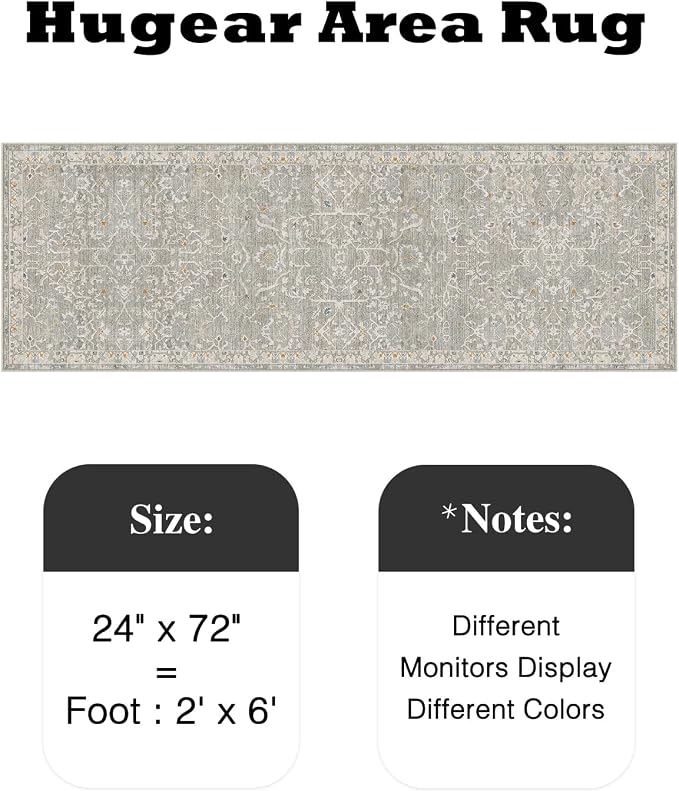 HUGEAR 2x6 Runner Rug Hallway Retro Grey Machine Washable Vintage Floral Low Pile Carpet Vacuumable Distressed Long Throw Rug Bedroom Office Bathroom Kitchen Laundry Non Slip Soft Lightweight