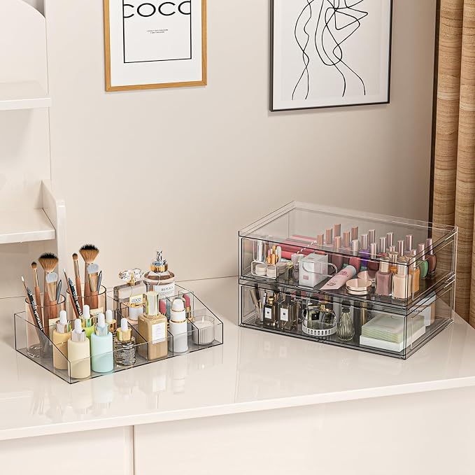 Clear Stackable Makeup Organizer with Drawer, 12''W Acrylic Storage Drawers | Cosmetic Display Case for Vanity Bathroom Countertop Drawers, Beauty Holder for Lipstick Brush Skincare Perfume