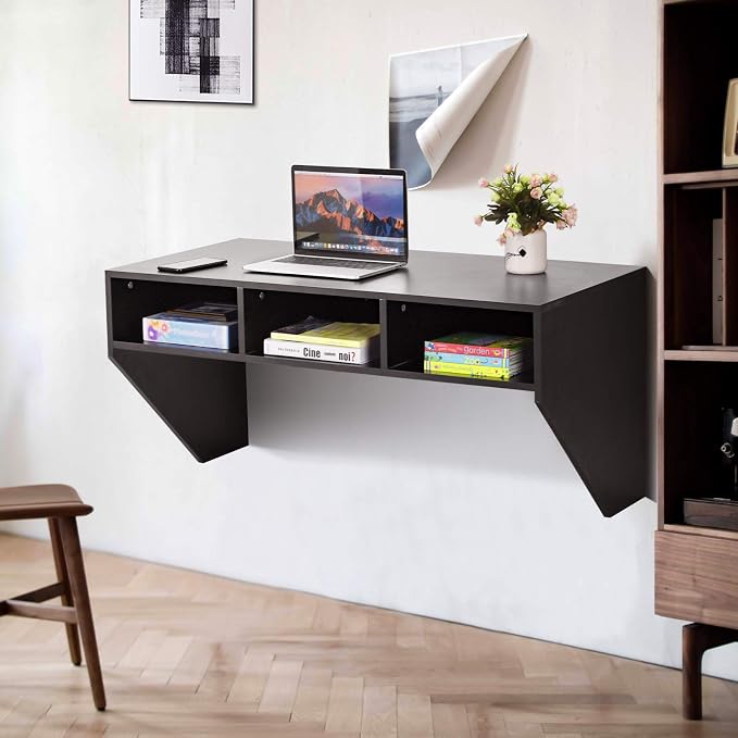 Giantex Wall Mounted Desk Floating Computer Desk, Writing Study Table W/3 Storage Shelves, Laptop PC Table for Living Room, Bedroom, Office (Black)
