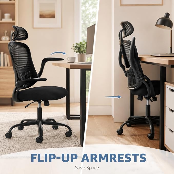Black Ergonomic Office Chair, High Back Mesh Desk Chair with Adjustable Headrest Lumbar Support, Computer Chairs with Flip-up Armrests and Thickened Cushion for Adults Home Office, 360° Swivel