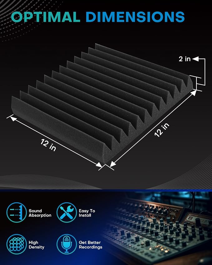 36 Pack Sound Proof Foam Panels for Walls, 2 X 12 X 12 Inches Acoustic Foam Panels, High Density Acoustic Panels Sound Absorbing, Noise Cancelling Studio Wedges, Black (NOT INCLUDE ADHESIVE)