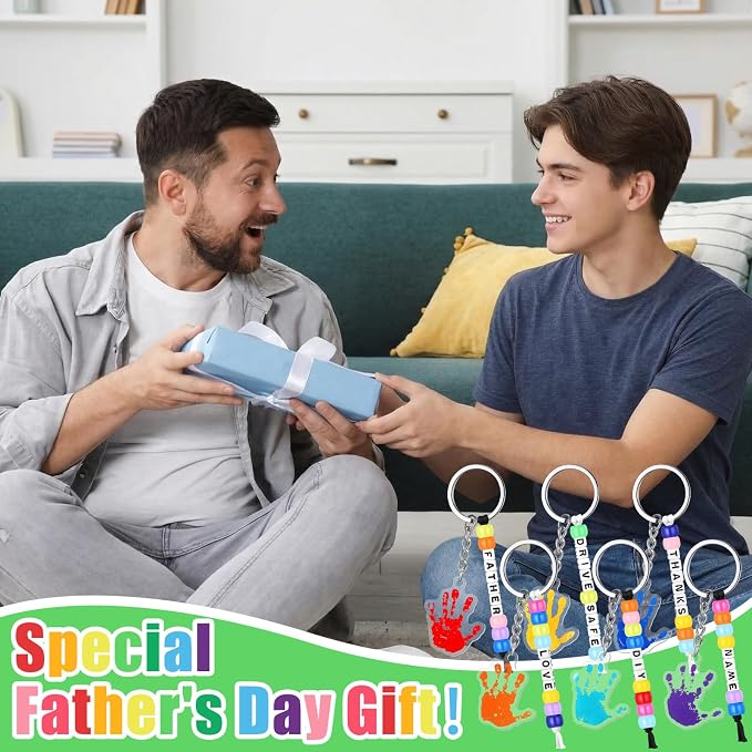 Suncalla 996 Pcs 24 Set Father's Day Keychain Making Kit DIY Bead Keychain Crafts Father's Day Adjustable Letter Beads Handprint Keyrings Cards Strings Gift Kit Accessories Party Favors for Dad