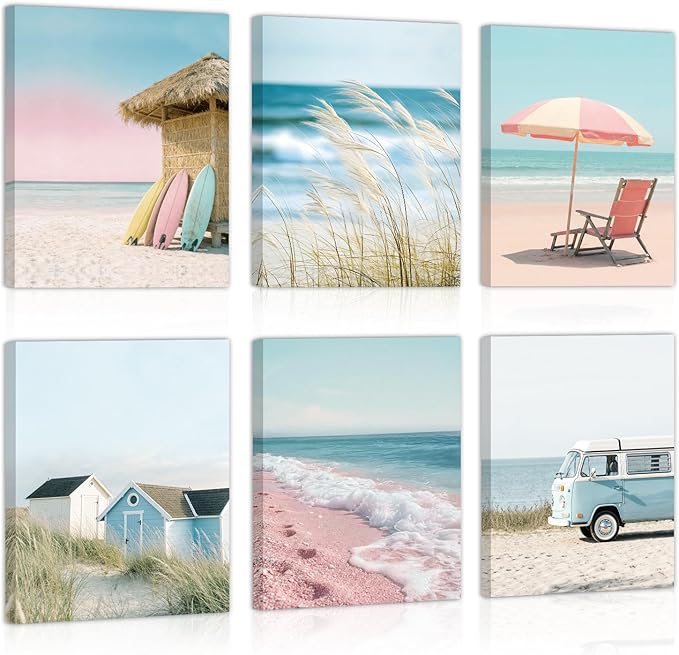 CHDITB Coastal Beach Pastel Framed Canvas Wall Art, Ocean Summer Scenery Artwork, Boho Seaside Cottage Wall Decor, Pink Sand Wave Beach Hut Art Prints For Living Room Bedroom Decor 8”x10”x6