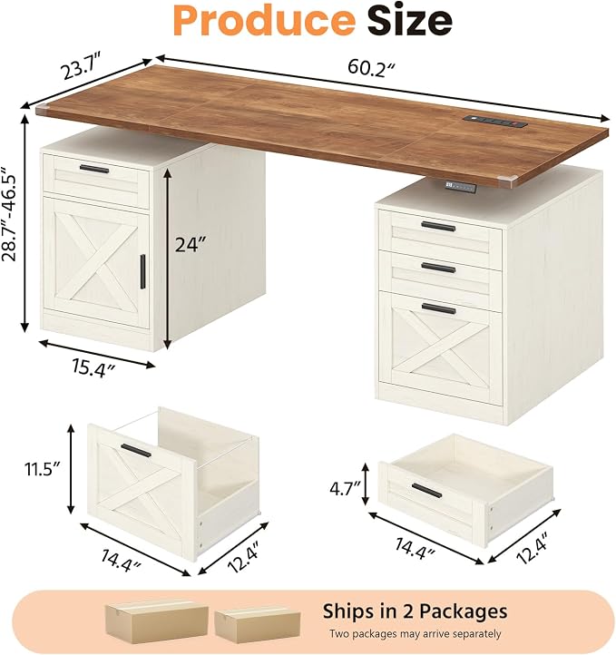YOMILUVE 60" Farmhouse Electric Standing Desk with Drawers for Home Office | Height Adjustable Computer Desk with 4 Drawers & Storage Shelves, Wood Sit Stand Desk with Power Outlets for Work, Study