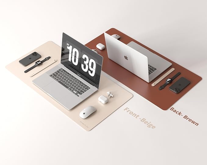 RENMTURE Double-Sided Two-Tone Faux Leather Desk mat Desktop Organization and Accessories Home and Office Large Mouse pad Game and Work (Beige/Brown, 32"x16")