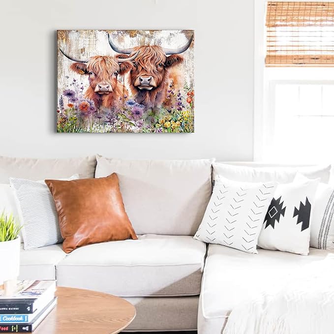 Cute Highland Cow Wall Art Rustic Cows Picture Wall Decor Nursery Room Decor Farmhouse Scottish Cow Wildflower Painting Western Country Cattle Poster Artwork for Bathroom Living Room Decoration 20x30"