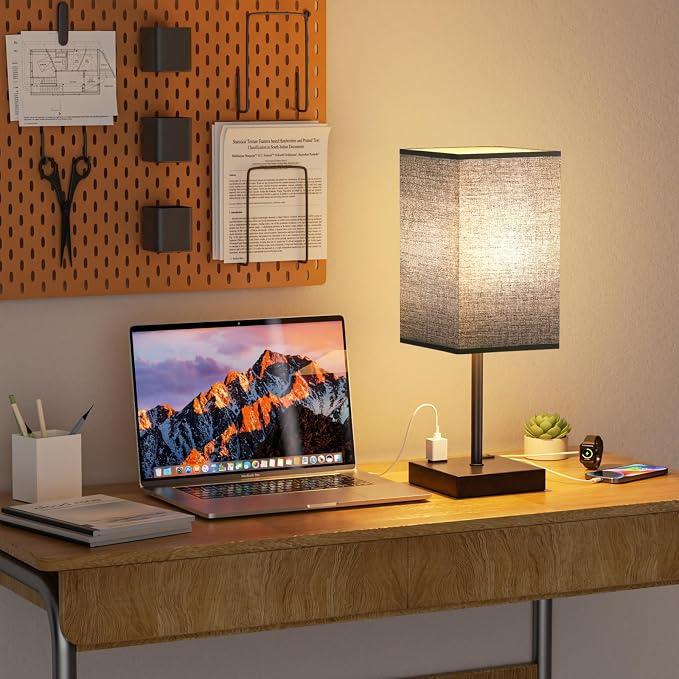 PLUS Black Bedside Lamp for Nightstand - Touch Table Lamp With Type C + A and AC Outlet, Square Charging Lamps For Bedroom Decor, Small Night Light For Office, Dorm Lamp For Men, E26 Bulb Included