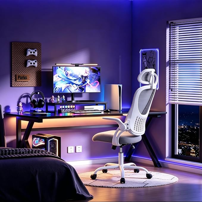 Ergonomic Light Weight Office Chair, Comfy Desk Chair with Wheels, Work Chair with Adjustable Headrests, Flip-Up Armrests, Breathable Mesh Back, Small Computer Chair for Home Computer, Grey