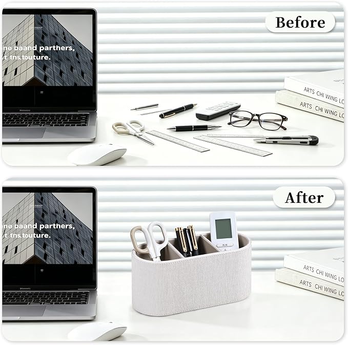 Aesthetic Remote Control Holder, PU Leather Remote Holder Desktop Organizers with 3 Compartments for Home Office Supplies and Accessories, Stylish Bedside Nightstand Organizer (Linen)