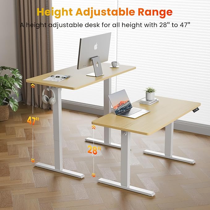 WALKINGDESK 55x24 Inches Height Adjustable Electric Standing Desk with 2 Hooks for Home Office, Ergonomic Sit Stand up Desk with Splice Board, Oak