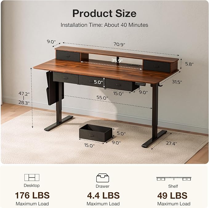 71x32 Inch Electric Standing Desk with 5 Drawers, Sit Stand Desk with Power Outlets, Monitor Shelf, LED Light and Cable Management, Height Adjustable 28.3-47.2 Inch for Home & Office, Walnut