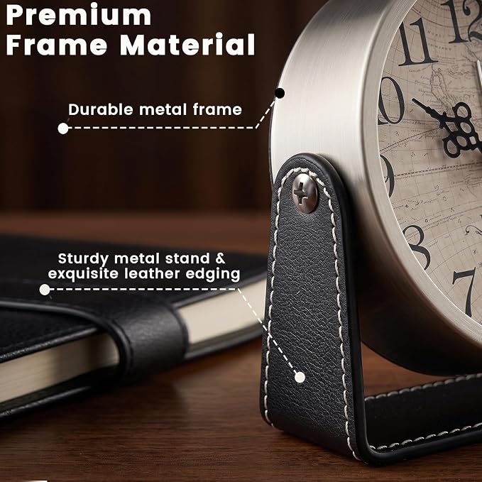 Analog Alarm Clock - 4.5" Silent Non Ticking Small Clock with Light, Rotatable Stand Metal Desk Clock Battery Operated, Simple Design for Living Room Decor/ Bedroom/Bedside/Shelf (Silver & Black)