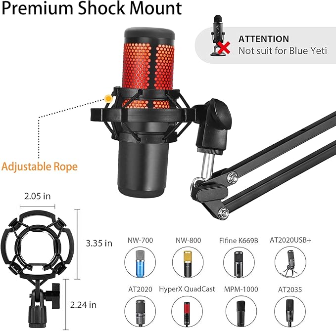 Boom Arm Suspension Mic Heavy Duty Microphone Arm for Blue Yeti, Hyperx Quadcast, Adjustable Boom Mic Stand Desk with Pop Filter, 1/4“-3/8“-5/8“ Adapter, Mic Mounts,Broadcast