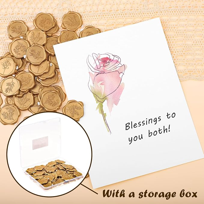 WSICSE 60Pcs Wax Seal Stickers, Wedding Invitation Envelope Seal Stickers Adhesive Backed Light Gold for Wedding, Mother's Day, Gift Wrapping (4 Leaf Styles)