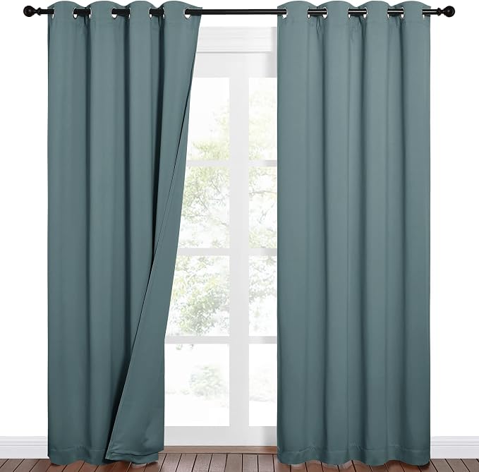 NICETOWN Sound Barrier 100% Blackout Divider Curtains 84", Noise, Heat and Cold Blocking Drapes with Felt Fabric Lining for Nursery/Daytime Sleep/Bedroom (Greyish Blue, 2 PCs, 52" Wide)