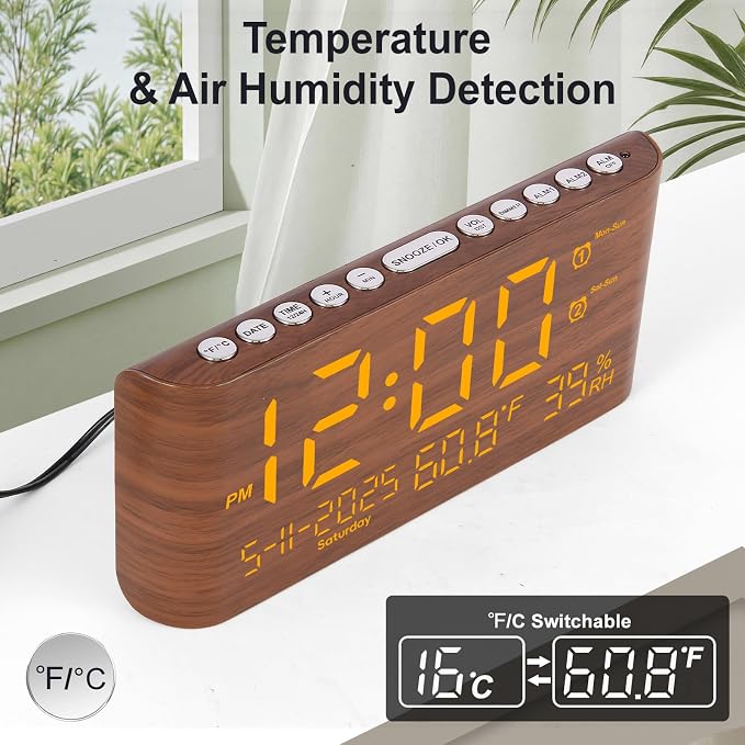 PPLEE 8.7-Inch Large Display Digital Alarm Clock, Dual Alarms & 2 USB | Day, Date, Temperature & Humidity Display, Adjustable Brightness, Snooze and Dual USB Charging for Bedroom and Heavy Sleepers