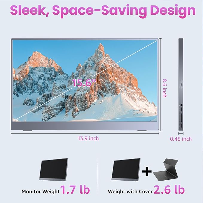 kksmart Portable Monitor 15.6 inch 1080P FHD 86% sRGB 60Hz, Travel Monitor for Laptop MacBook Surface PC Xbox PS5, HDMI USB-C VESA Compatible Built-in Speaker