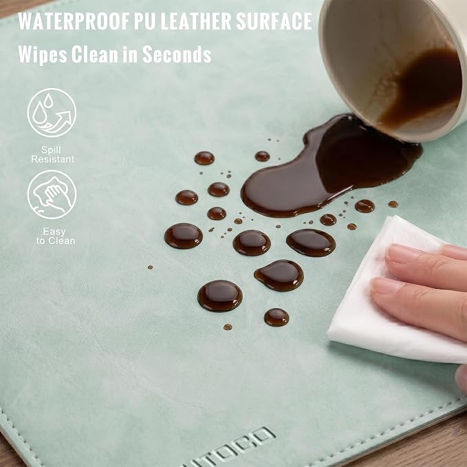 HAUTOCO Cork Desk Mat 31.5"x15.7", Distressed PU Leather & Cloth Desk Pad | Waterproof, Non-Slip, Stitched Edges, Mint Green Large Gaming Mouse Pad, Laptop Blotter & Desk Protector for Office and Home