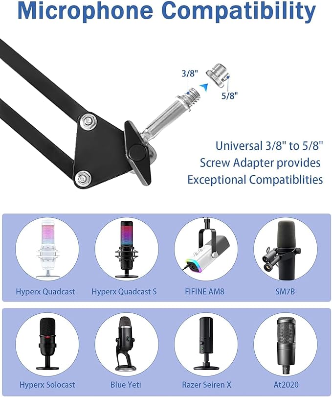 BILIONE Microphone Stand, Mic Boom Arm Stand for Blue Yeti QuadCast S SoloCast Snowball AM8 and other Mics, with Pop Filter Shock Mount Microphone Clip Cable Ties