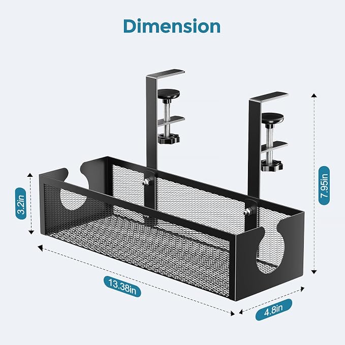 YECAYE No-Drill Metal Under Desk Cable Management Tray, Power Strip & Cable Organizer for Home Office,Under Desk Storage,Organizer Tray,Black