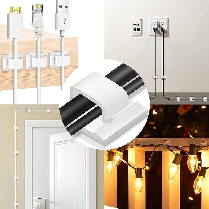 Cable Clips，50PCS Electrical Cord Management Adhesive Cable Wire Clip Wire Clips wall，Used for Cars, Offices, and Homes Cable Clips Cord Organizer (White)