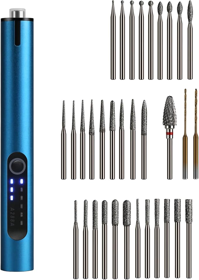 Mini Cordless Electric Engraving Pen with 30 Carving & 2 Drilling & 1 Tungsten Carbide Grinding Rotary Bits for DIY Crafts, USB LED Light 3-Speed Tool Kit for Metal, Wood, Glass, Plastic (Blue)