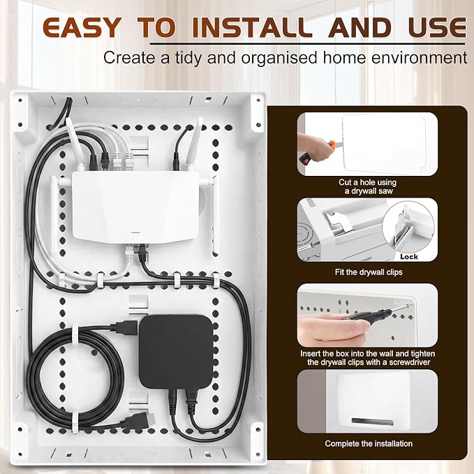 9" in Wall TV Media Box for Device & Cable Management Hidden Outlet Box, Structured Wiring Enclosure with Custom Knockouts, WiFi Friendly, for Roku, Apple TV, Fire TV Stick & Samsung One Connect Mini
