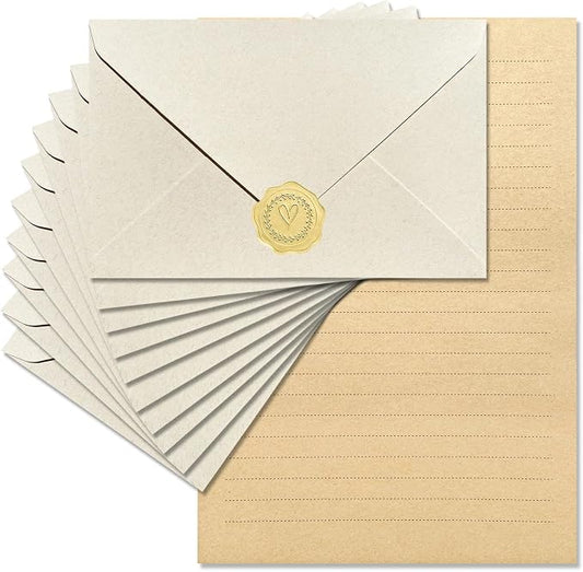 Tuhangcc Premium Velvet-Touch Stationery Set Unique Design with 24 Writing Sheets, 12 Envelopes (4x6) & 12 Gold Stickers - Elegant Writing Kit for Love Letters & Party Invitations(Ivory White Sticker)