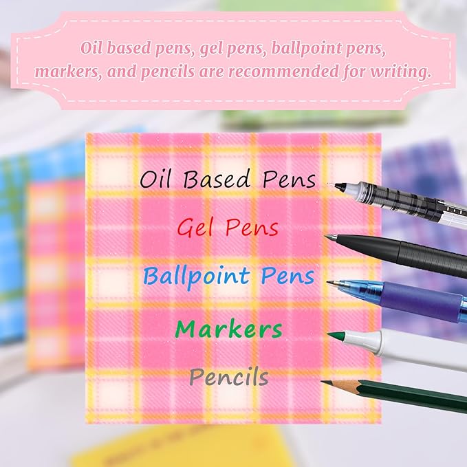 192 Sheets Transparent Sticky Notes, 3 x 3 Clear Self-Stick Note Glitter, Waterproof Translucent Memo Pads, See Through Self-Adhesive Note for Office School (Multicolored Plaid)