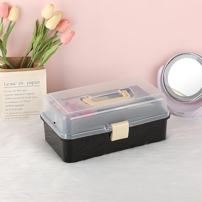 BTSKY 3-Layer Plastic Dividing Storage Box Craft Organizer and Storage | Portable Handled Art Supply Organizer with Adjustable Spacers Multipurpose Home Utility Box for Medicine Sewing(Black+Beige)