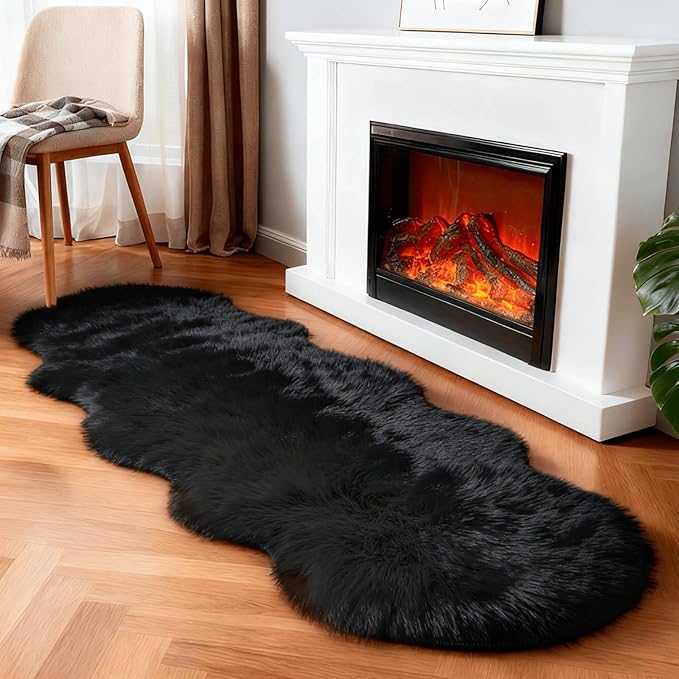 linmopm Faux Fur Rug Sheepskin Shag Fluffy Fuzzy Black 2x6 ft Runner Rugs for Bedroom Bedside Bed Floor Living Room Plush High-Density Cushion Carpet Super Sofa Cover | Shag Fluffy Fuzzy, High-Density Cushion, For Bedroom Bedside Living Room, Plush Carpet