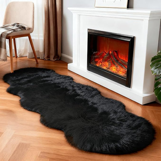 linmopm Faux Fur Rug Sheepskin Shag Fluffy Fuzzy Black 2x6 ft Runner Rugs for Bedroom Bedside Bed Floor Living Room Plush High-Density Cushion Carpet Super Sofa Cover | Shag Fluffy Fuzzy, High-Density Cushion, For Bedroom Bedside Living Room, Plush Carpet