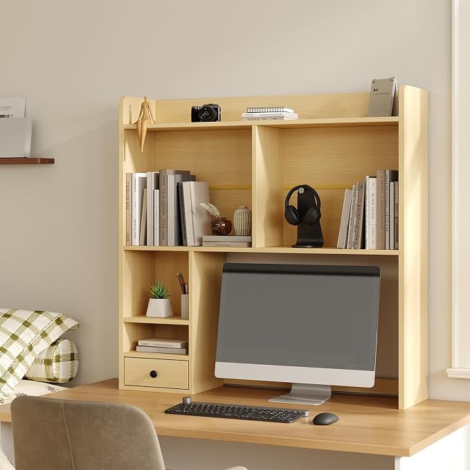 knoworld Desktop Bookshelf for 27" Monitor, Space-Saving Engineered Wood Desk Hutch Organizer with Adjustable Shelves & Drawer, Clutter-Free Tabletop Bookcase for Dorm & Home Office, Natural