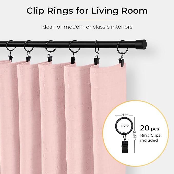 INOVADAY 100% Blackout Curtains for Bedroom, Black Out Curtains 96 Inch Long, Clip Rings Linen Blackout Drapes, Thermal Insulated Room Darkening for Living Room, 2 Panels - Baby Pink,W50xL96