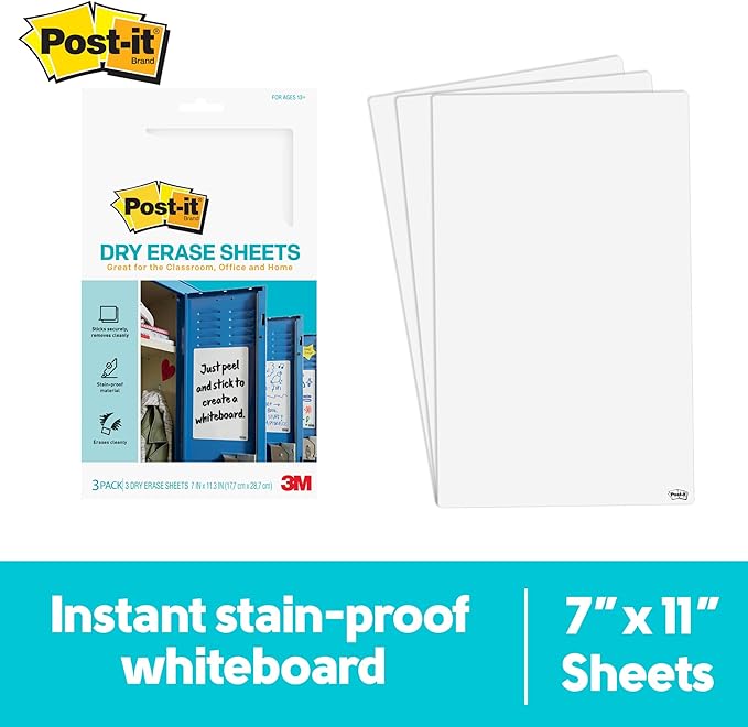 Post-it Dry Erase Sheets, 7 in x 11.3 in, 30 Sheets, Sticks Securely and Removes Cleanly (DEFSHEETS-30PK)